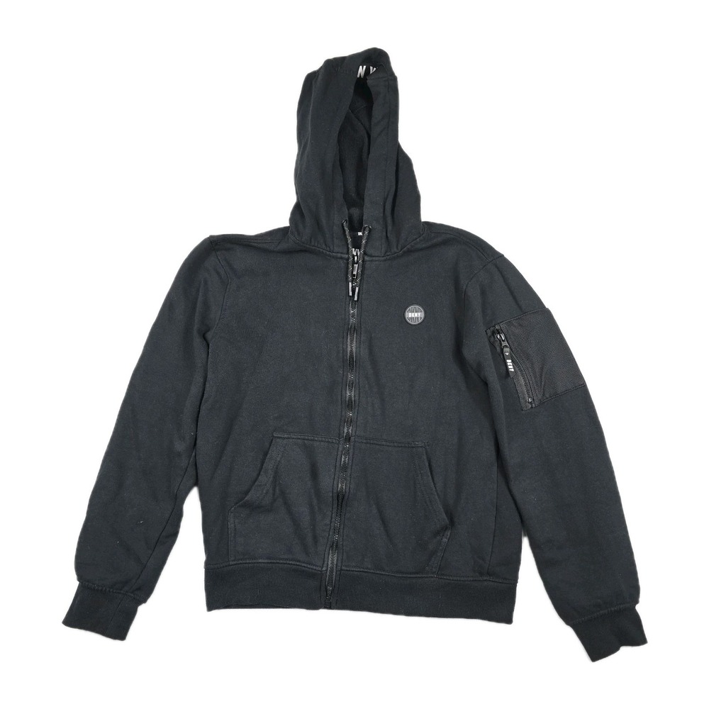 DKNY Mens Small Black Full Zip Hoodie Utility Arm Pocket Logo Sweatshirt